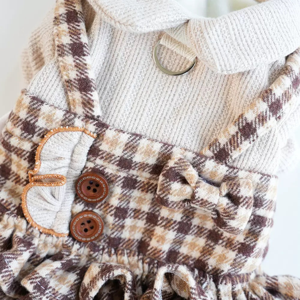 Elegant plaid-layered pet dress for autumn and winter