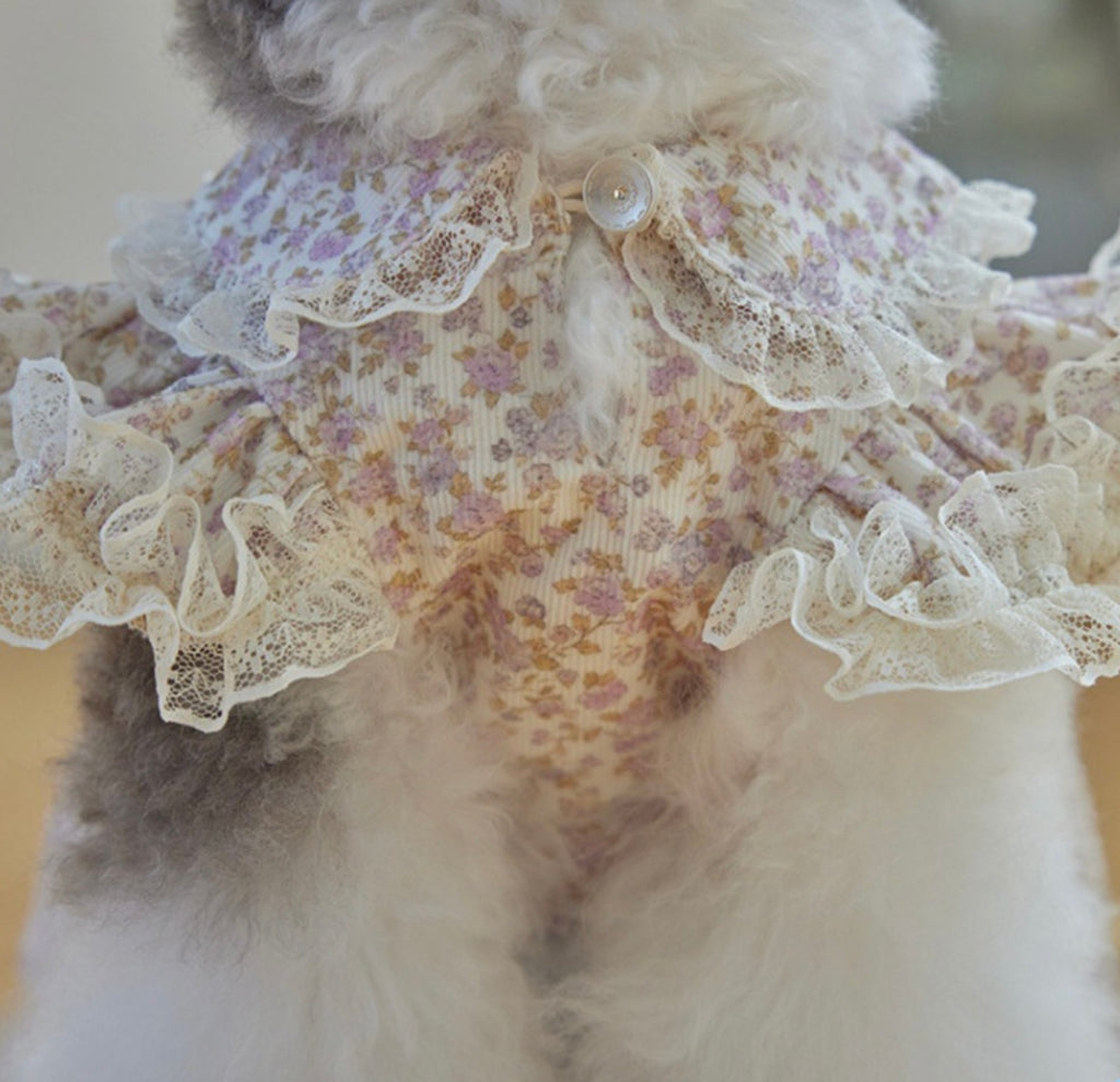Corduroy Dog Dress - White Floral Pet Outfit for Small Dogs