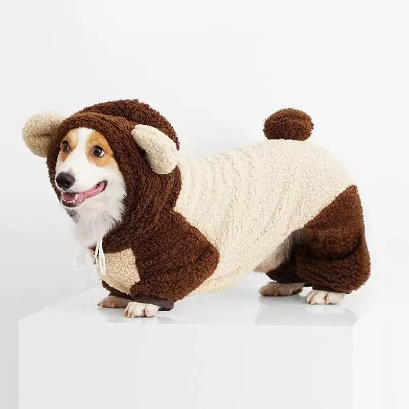 Autumn/Winter Dog Outfit – Warm, Fleece-Lined, Four-Legged Bear Costume for Small & Medium Breeds like Corgis