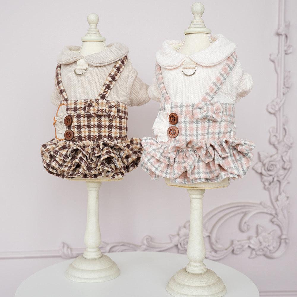 Elegant plaid-layered pet dress for autumn and winter