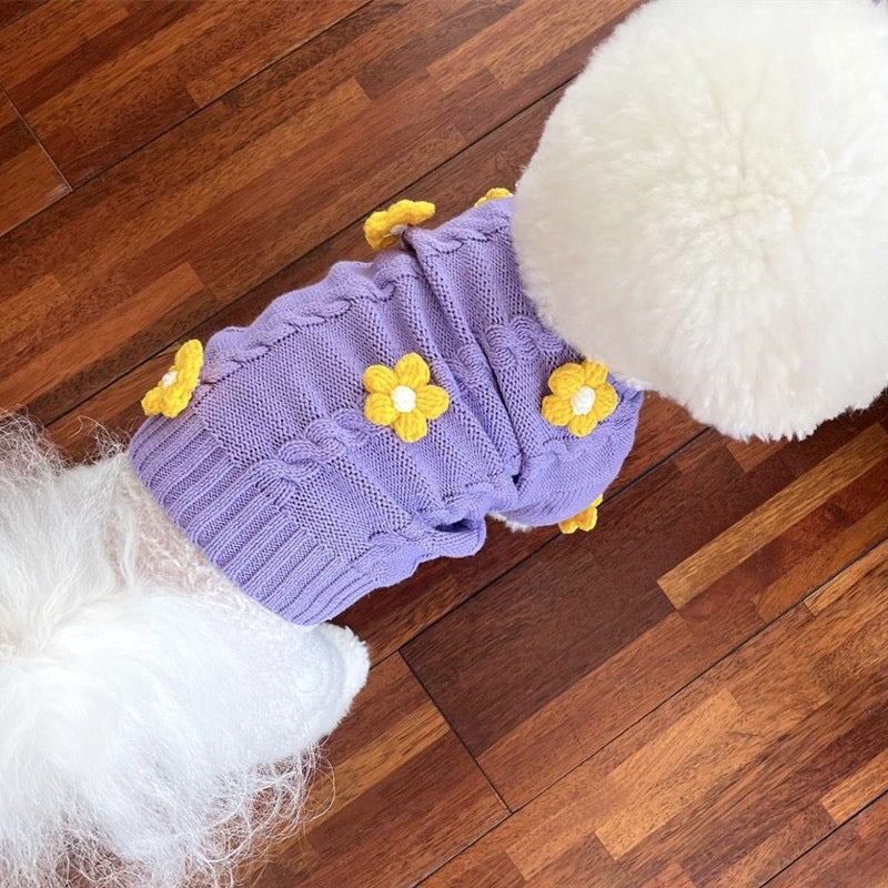 Purple floral cute sweater, warm pet clothing for small dogs