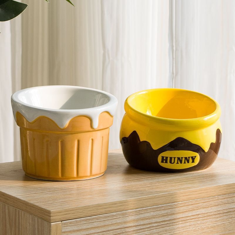 Honey pot-shaped pet food bowl (suitable for both dogs and cats) – High-legged, slant-mouthed ceramic cat bowl for protecting the cervical spine during drinking, made of ceramic.