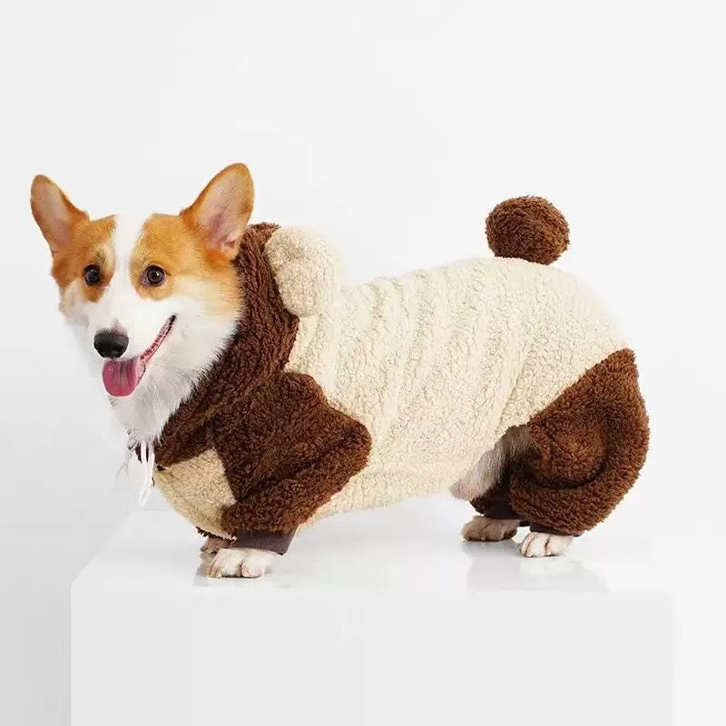 Autumn/Winter Dog Outfit – Warm, Fleece-Lined, Four-Legged Bear Costume for Small & Medium Breeds like Corgis