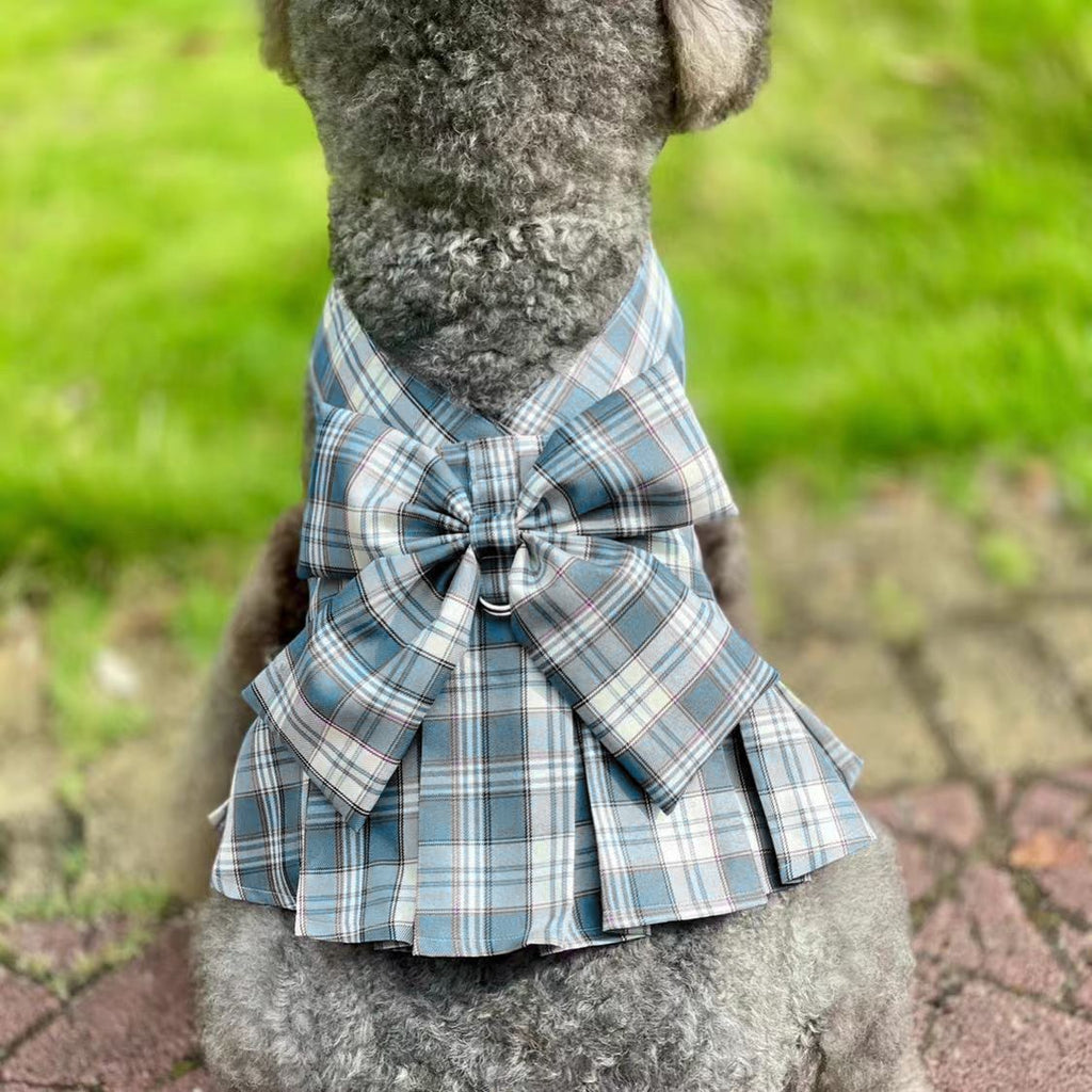 Plaid Pleated Dog Dress with Bow & Leash Buckle