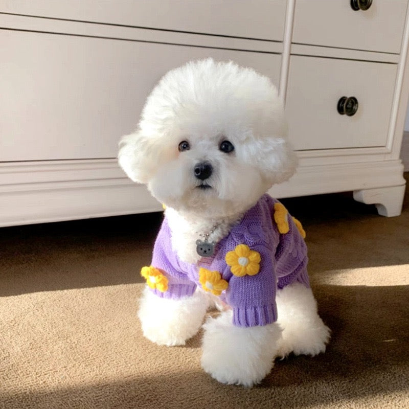 Purple floral cute sweater, warm pet clothing for small dogs