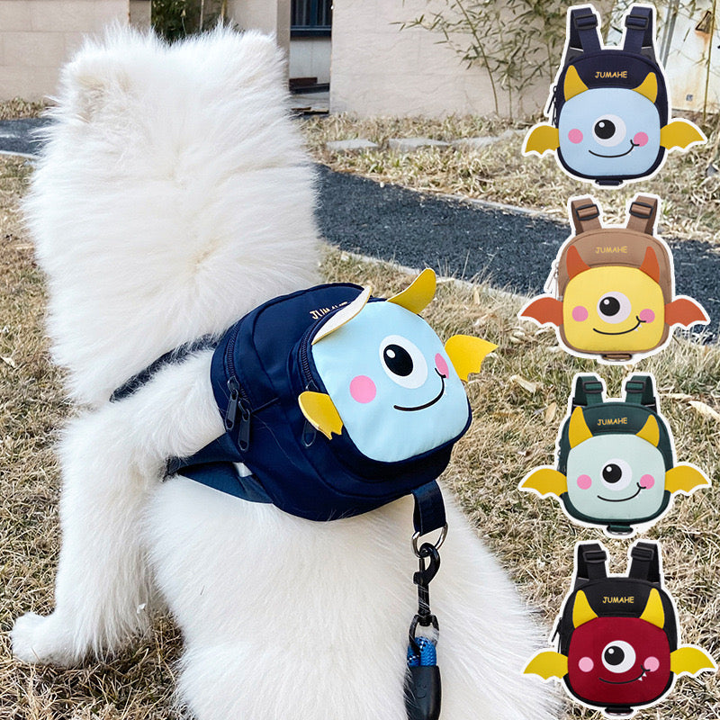 Monster dog self-carrying backpack with detachable leash
