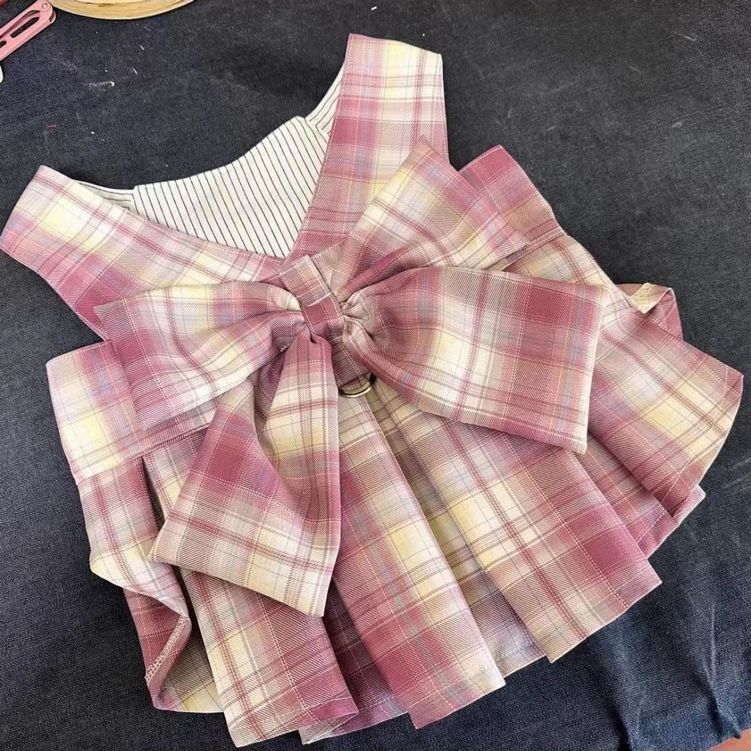 Plaid Pleated Dog Dress with Bow & Leash Buckle
