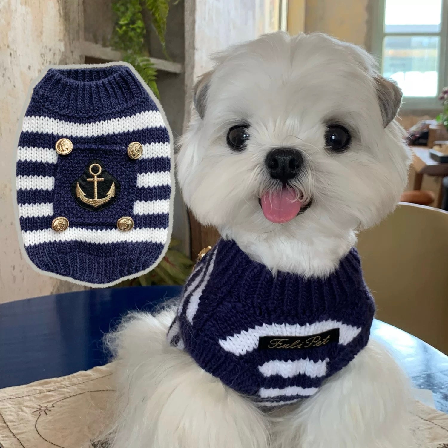 Navy striped sweater suitable for small dogs
