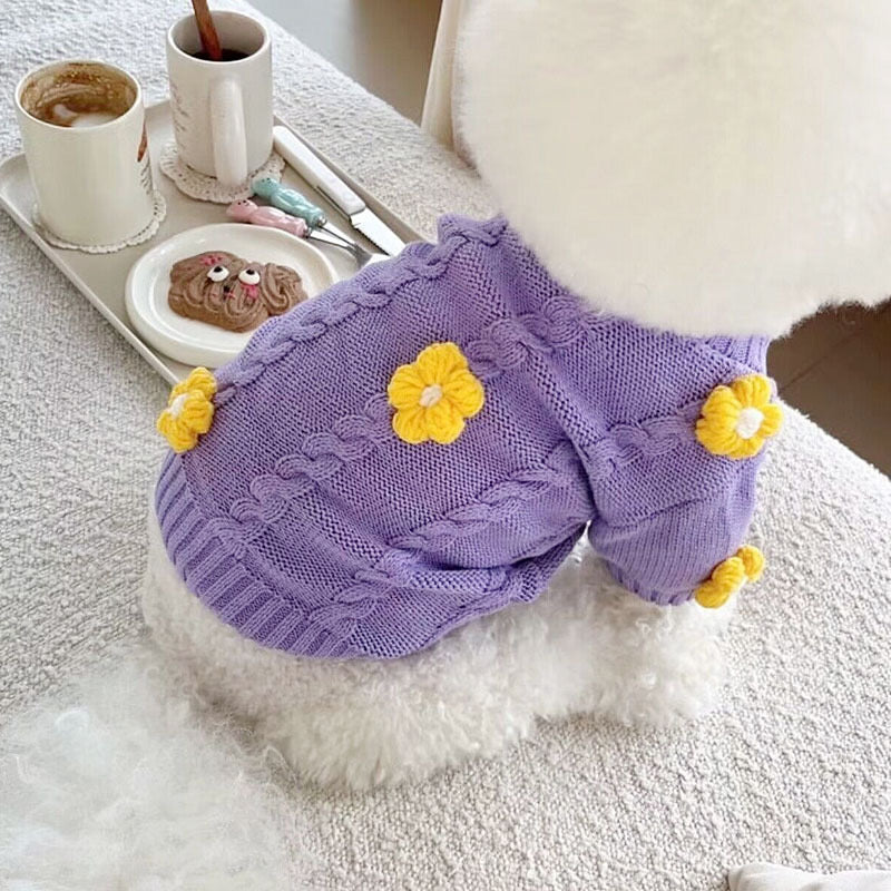 Purple floral cute sweater, warm pet clothing for small dogs