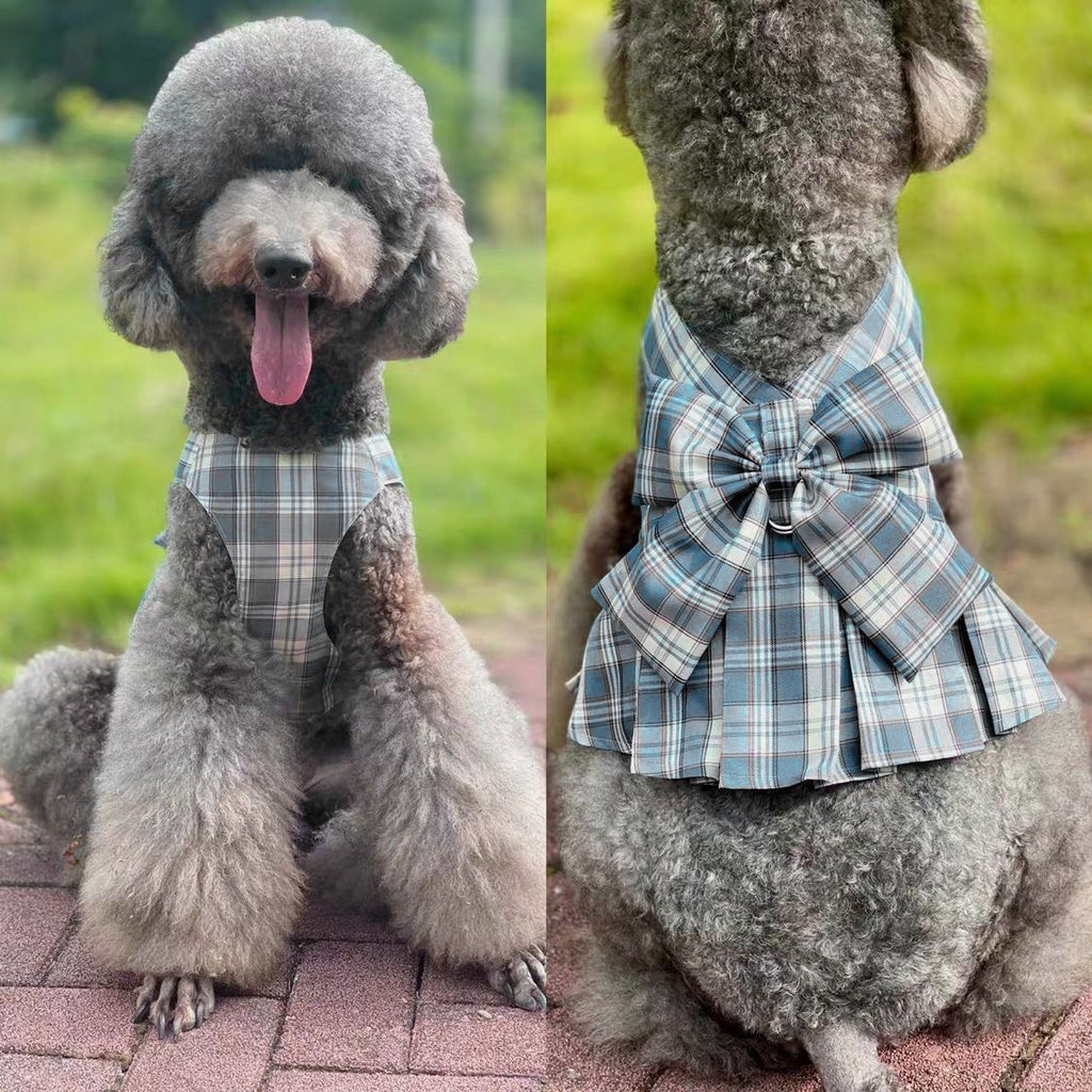 Plaid Pleated Dog Dress with Bow & Leash Buckle