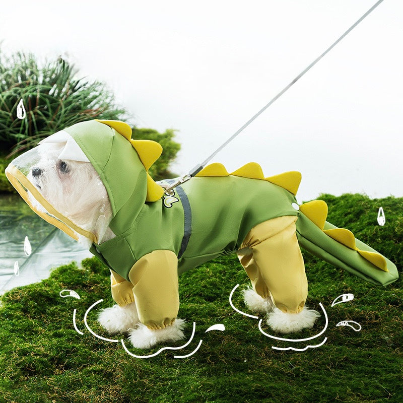 Waterproof 3D Dinosaur Backpack Tail Raincoat for Dogs with Four-Leg Coverage on Rainy Days