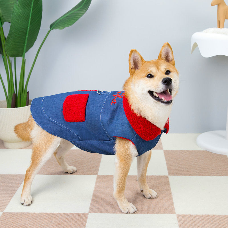 Thick Fleece-Lined Denim Harness Vest - Warm Winter Coat for Medium Dogs