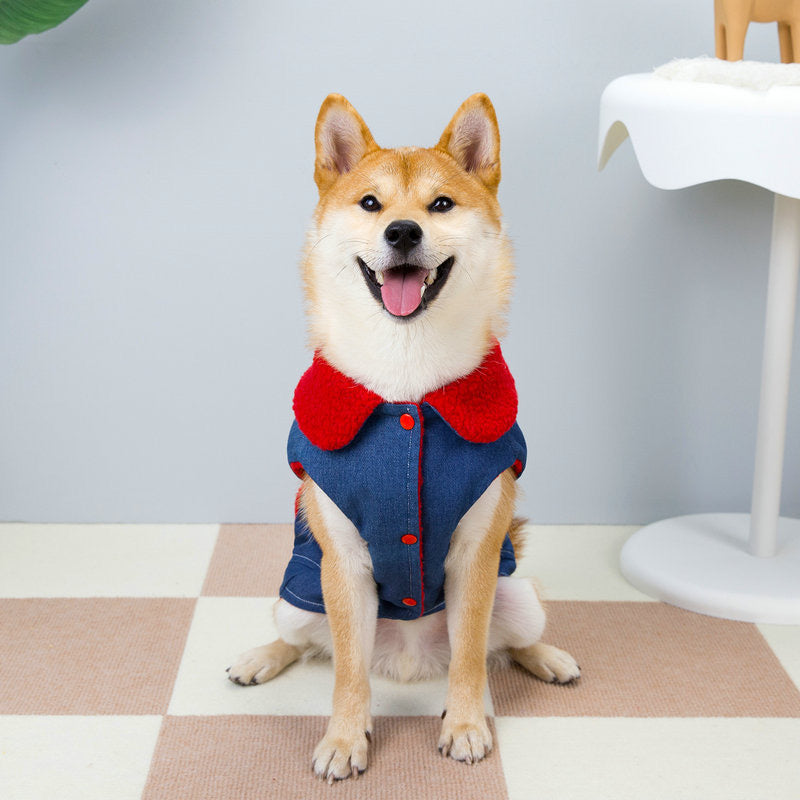 Thick Fleece-Lined Denim Harness Vest - Warm Winter Coat for Medium Dogs